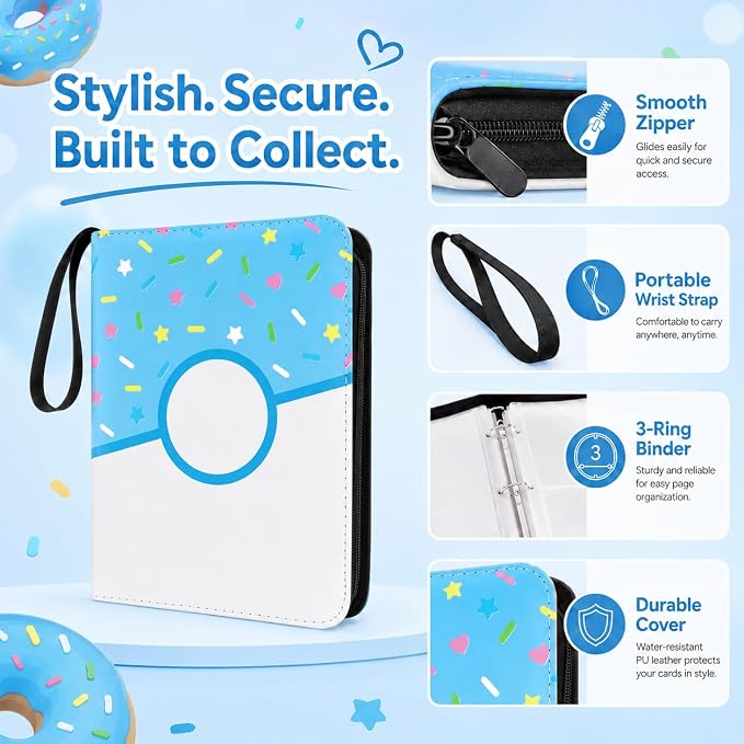 9 Pocket Card Binder 900 Card Holder Album, Blue Donut Trading Cards Holder Zipper Binder for Girl Teen Collection (Blue Donut, 900 Pocket)