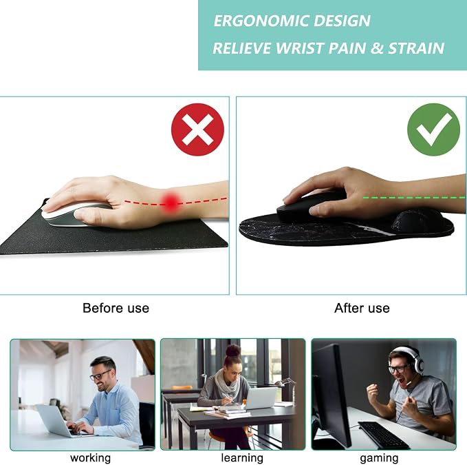 Mouse Pad with Wrist Support, Ergonomic Mouse Pad with Memory Foam Wrist Rest Cushion, Non-Slip Rubber Base Gaming Mice Pad for Home Office Computer Laptop, Black White Marble
