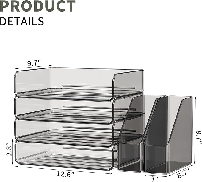 4-Tier Horizontal Acrylic Paper Tray Organizer with Booends | Clear Stackable Desk Organizer for Documents, Letters, A4 Paper | Modern Office/Classroom/Home Organization,Brown
