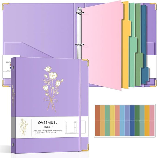 Aesthetic 3 Ring Binder 1 Inch Cute Three Round Rings Binders with Dividers | Suitable for 8.5 x 11 Letter Size Paper Loose Leaf Binder with 2 Pockets for School Work