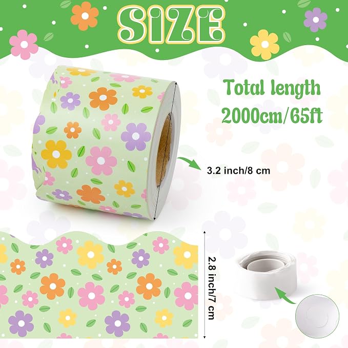 BeYumi Spring Floral Border Trim - 65ft Spring Floral Scalloped Rolled Border Trim Daisy Flower Green Bulletin Board Set Back to School Classroom Office Chalkboard Decor Springtime Party Decoration
