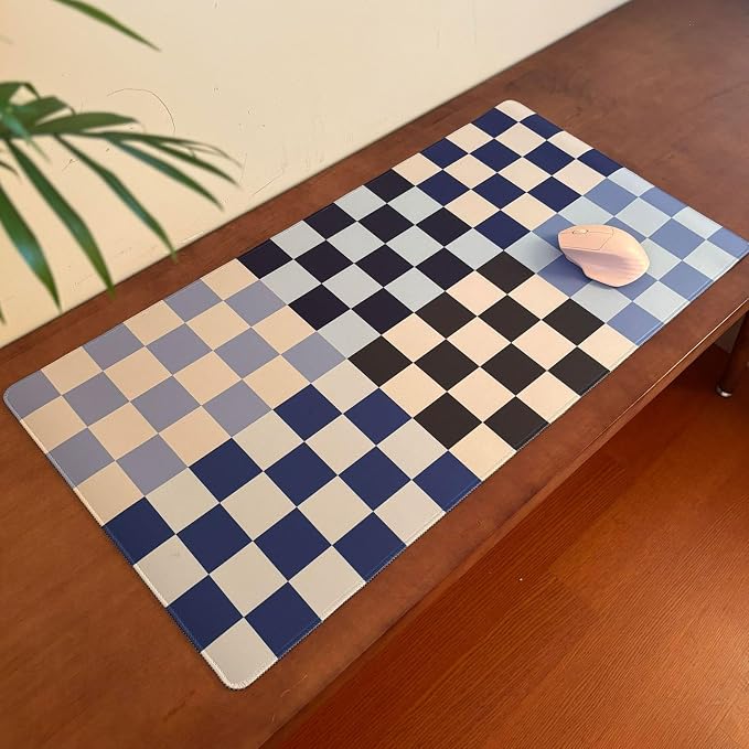 Checkered Desk Mat Blue Large Mouse Pad with Stitched Edges, XXL Keyboard Pad Mouse Mat for Computer Deor Desk Matt for Desktop 31.5 X 15.7In