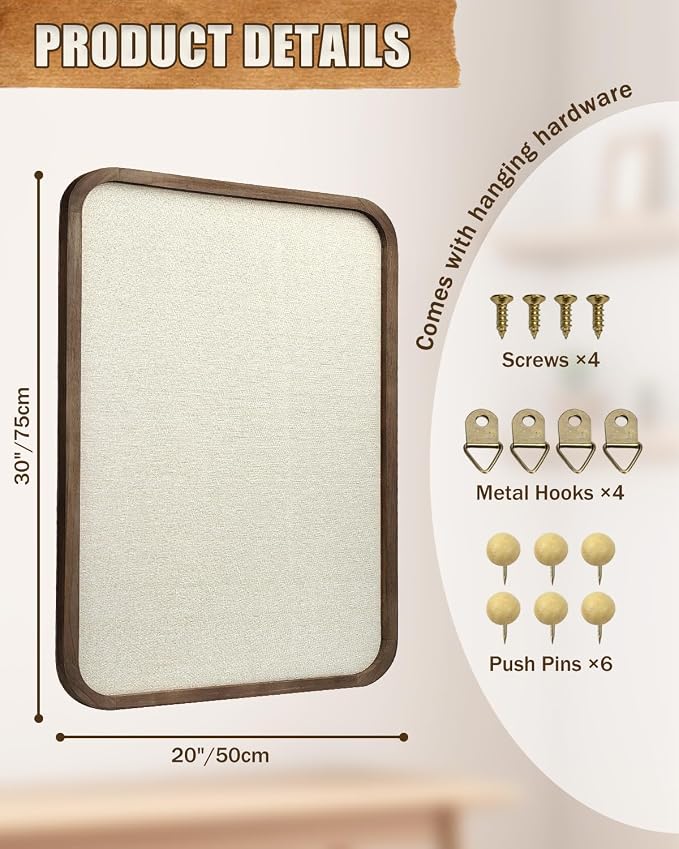 Linen Bulletin Board, Pin Board for Walls, Fabric Bulletin Board, Large Pin Board for Home Kitchen Office Decorative, 20"x30" Linen Brown Wood Frame Cork Board(BN-5075)