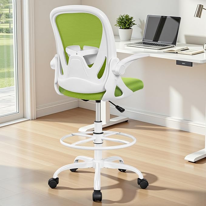 Drafting Chair Tall Office Chair with Flip-up Armrests Executive Ergonomic Computer Standing Desk Chair with Lumbar Support and Adjustable Footrest Ring (Green)