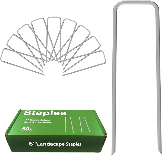 Landscape Staples 6 Inch Galvanized Anti-Rust Garden Stakes 11 Gauge | 50 Pack Sod Yard Pins Heavy Duty Lawn Stake for Fence, Weed Barrier Fabric, Ground Cover, Ground Decorations, Chicken Wire