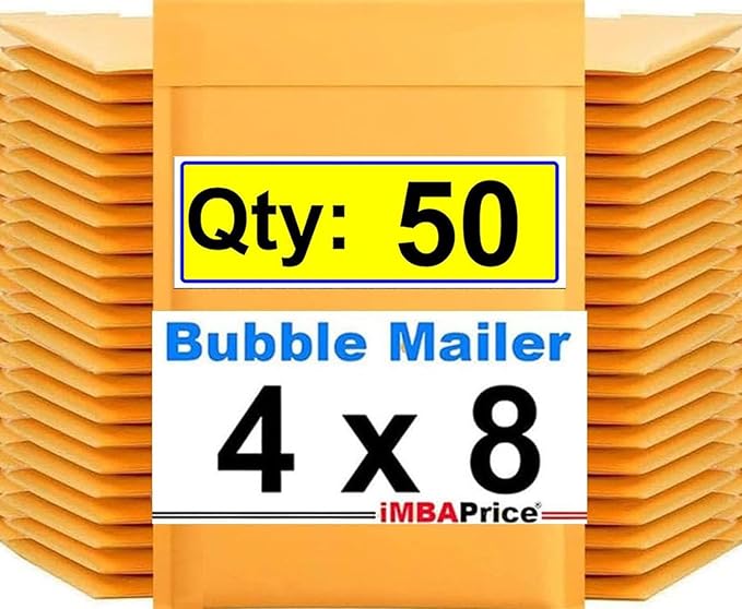 iMBAPrice 50-Pack (4x8) #000 Kraft Bubble Mailers Padded Envelopes 4 X 8 (Total 50 Envelopes)