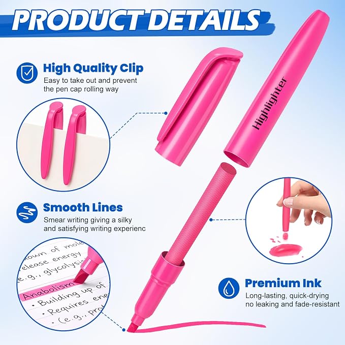 Duchong Highlighters, 30 Packs Pink Highlighter Bright Colors Bulk, Chisel Tip Dry-Quickly No Bleed Highlighter Markers for Adults Kids, Office Classroom Must Have, School Supplies for Teachers