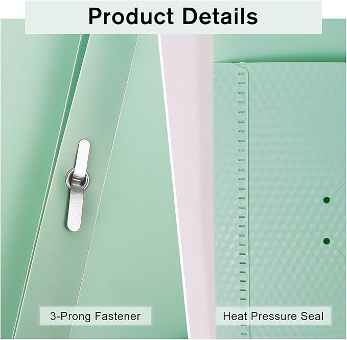 60-Pack Plastic andPockets and Prongs,2-Pocket and3 Fasteners, Pastel Folders Holds 8-1/2" x 11" Paper for School/Office/Home, Green