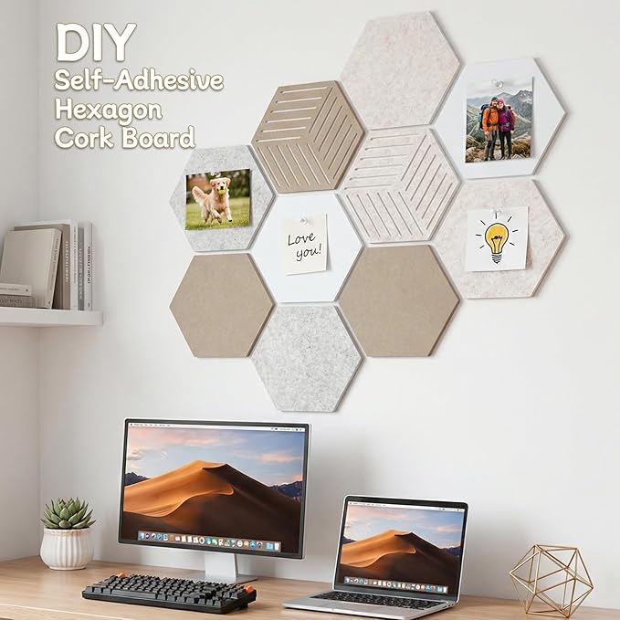 10 Pack Hexagon Cork Board, 12" x 10" Self-Adhesive Felt Bulletin Board Tiles with 40 Pushpins, Pin Boards for Wall Decor Home Office School DIY Display Boards for Photos (Camel Color Theme)