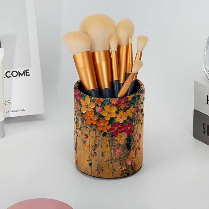 Leather Pen Holder for Desk, Hanging Floral Pencil Cup Pen Organizer Makeup Brush Holder for Office Home Kids Countertop Desk Accessory Storage