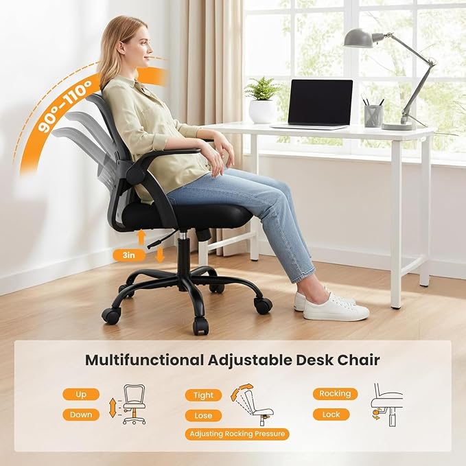 Sweetcrispy Computer Desk Chair, Home Office Chair, Lumbar Support, Black | Flip Up Armrest, Adjustable Height, 360° Swivel Wheels, Ergonomic Mesh Mid-Back, Comfy Arms Bedroom Study