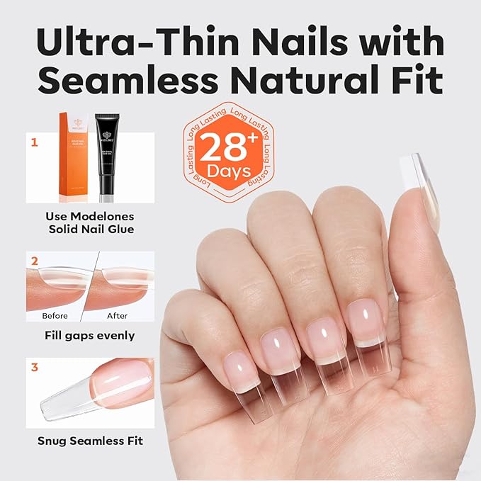 modelones Pro Luxe Instant Nail Apex Tips 15 Sizes, Medium Square Extension Gel Tips Pre-building & Pre-etched Thicker Strength Acrylic Fake Nails Full Cover 120 Pcs