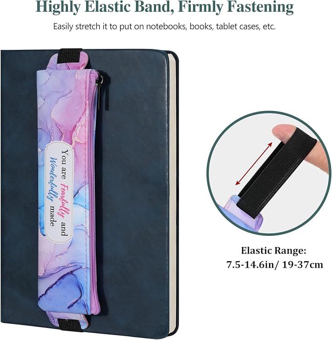 MoKo Elastic Pen Holder for Notebook, 4 Pack PU Leather Pouches, Marble | Adjustable 7.5–14.6 in bands secure the zippered pouches; each 7 × 2.2 in case holds at least 3–4 pens.