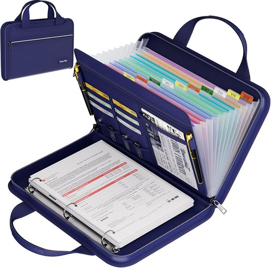 Tamfile Fireproof Accordion File Folder with Handle, Document Organizer | Expanding File Folder with 13 Pockets, Multiple Pockets, Water Resistant,Portable Travel Home Safe for A4 File,Travel,Blue
