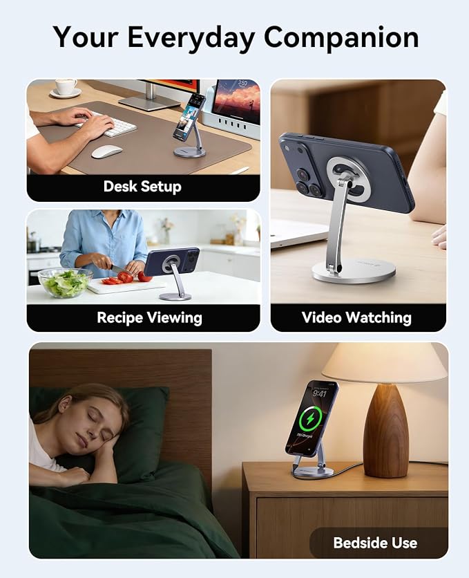 ORICO Magnetic Phone Stand for Magsafe, Adjustable Foldable Aluminum Alloy Stand for iPhone 17/16/15/14/13/12 Pro Max Air/Magsafe Case, Phone Holder for Desk, Streaming & Video Calls - PS1, Sliver