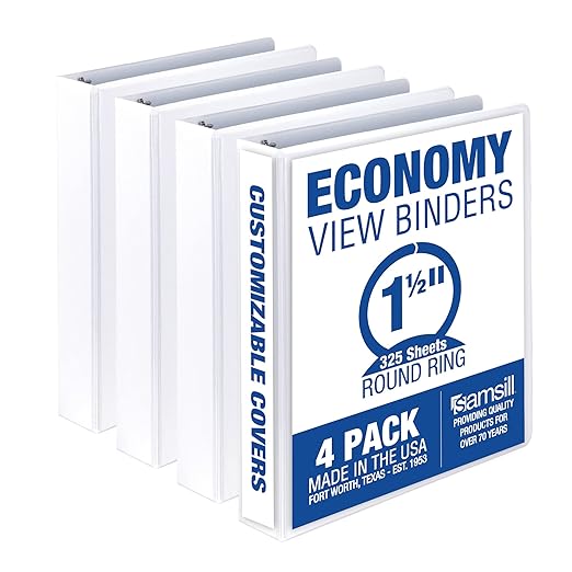 Samsill 1.5 Inch 3 Ring Binders, Economy Round Ring, Clear View Cover, 325 Sheet Capacity - for School, Home, Office - White, 4 Pack