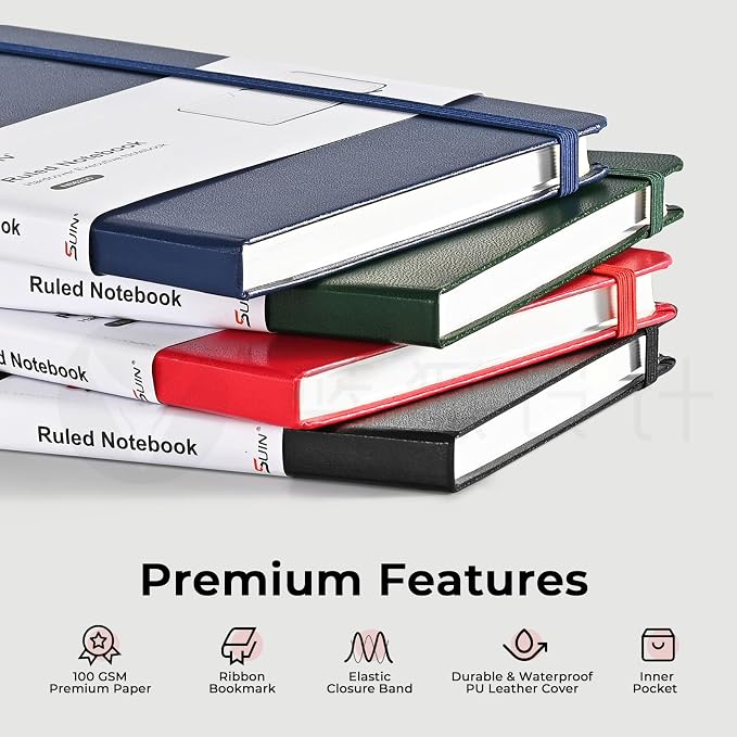 SUIN A5 Hardcover Lined Journal, 100 GSM Smooth Paper, 192 Pages, Green | Full-Page Undated Ruled Layout, Slim Sturdy Cover, Matching Ribbon Bookmark & Elastic Closure