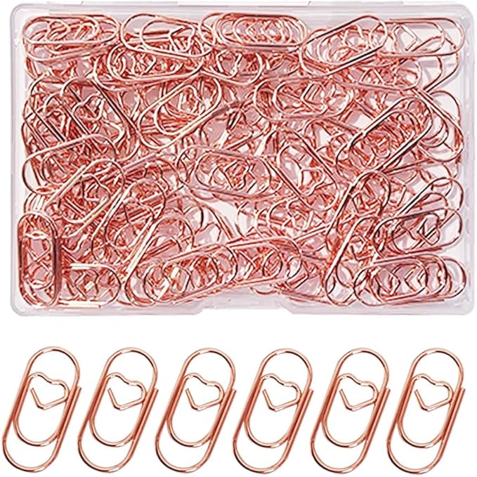 100 Pack Love Heart Shaped Paper Clips, Mini Paperclips Papers, 0.8inch Small Paper Clips for Office School Home Desk Organizers (Rose Gold)