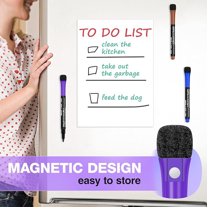 Fine Tip Dry Erase Markers 8 Pack, Magnetic Dry Erase Markers With Eraser, Skinny Low Odor White Board Marker Pens Bullet Tip Fine Point Thin Dry Erase Markers For Teachers Office Supplies