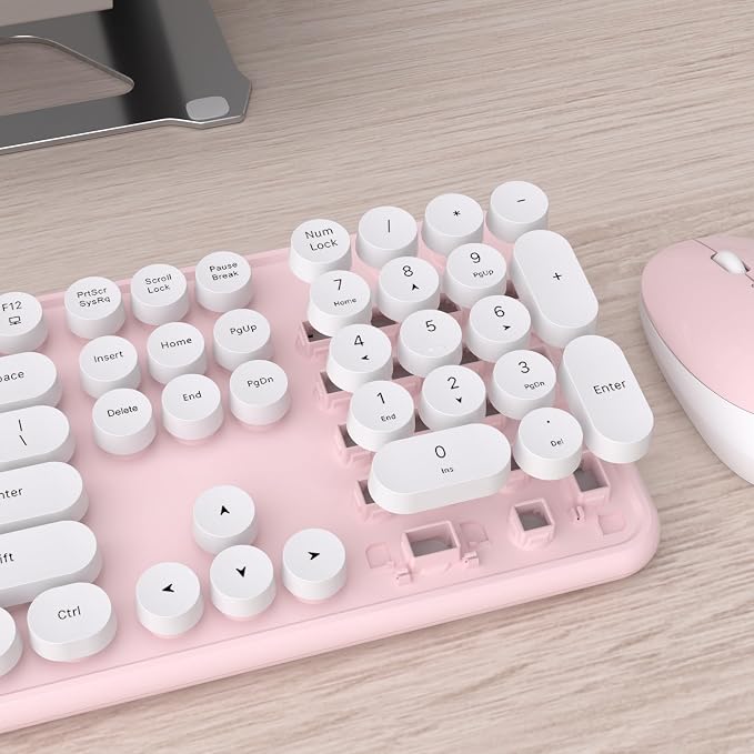 UBOTIE Colorful Wireless Keyboard and Mouse Combo (Pink-White) | Retro Typewriter Floating Full-Sized Keys Computer Keyboard with Optical Mouse, 2.4GHz USB Connection for Windows Mac
