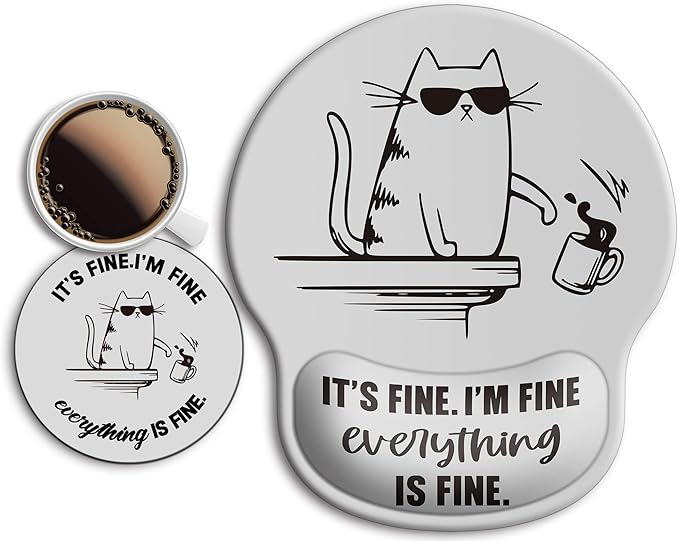 Ergonomic Mouse Pad with Wrist Support Rest,Large Mousepad Gel Wrist Rest, with Coaster Non-Slip & Pain Relief for Computer, Desk, Home&Office-Black Cute Funny Cat