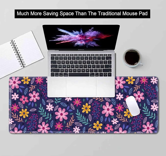 Purple Pink Flowers Desk Mat, Daisy Floral Extended Large Gaming Mouse Pad, Non Slip Rubber Base Stitched Edge Desktop Desk Pad for Computer, Christmas and Thanksgiving Gifts, 31.5 x 11.8 in