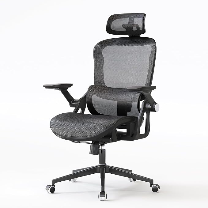 Office Chair Ergonomic Desk Chair with Lumbar Support&Headrest&Flip-up Arms Height Adjustable Rocking Swivel High Back Computer Chair Multi-Angle from 90° to 130° with 350LBS Capacity(04black)