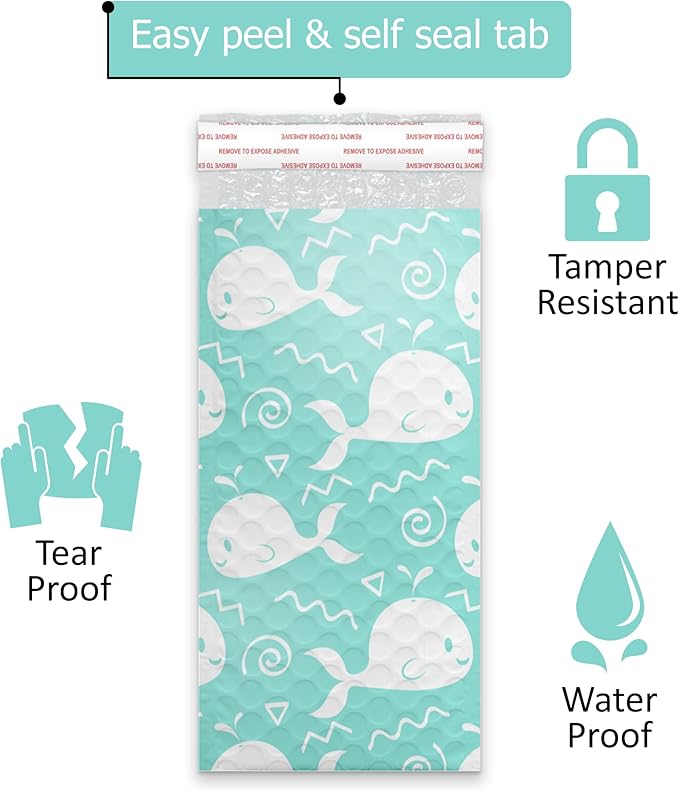 4x8 (20pcs) Blue Whales Designer Self Seal Poly Bubble Mailers Shipping Envelopes Padded Bags