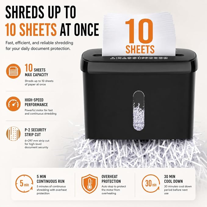 10-Sheet Strip Cut Paper Shredder with Jam Proof System, P-2 Security Level, 5-Minute Continuous Operation, 3.17 Gallon Capacity, Black