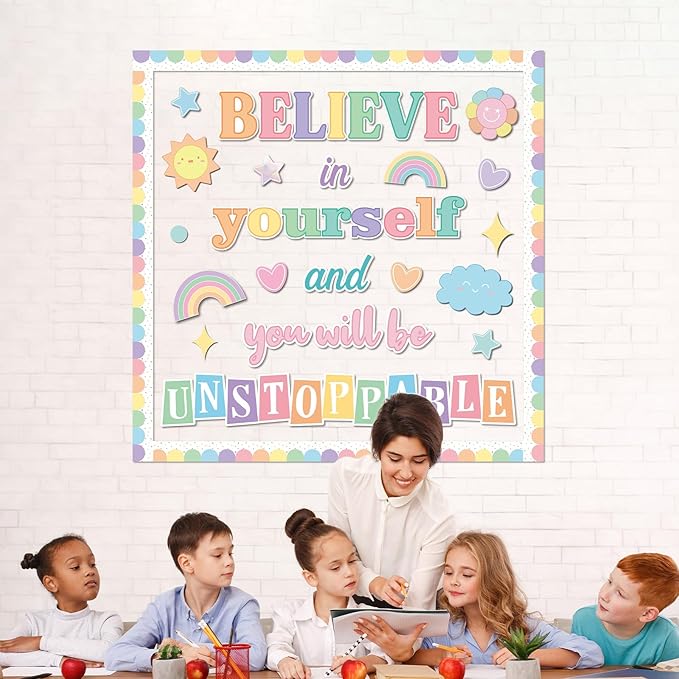 Believe in Yourself Bulletin Board Set Pastel Positive Saying Classroom Bulletin Board Decorations Motivational Cutouts for Back to School Classroom Kindergarten Elementary Middle School Wall Decor