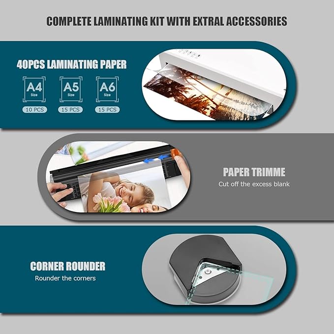 Laminator Machine with 40 Laminating Sheets, A4 Laminator Thermal and Cold with Paper Trimmer & Corner Rounder, 9 Inch Laminating Machine for Home School Office