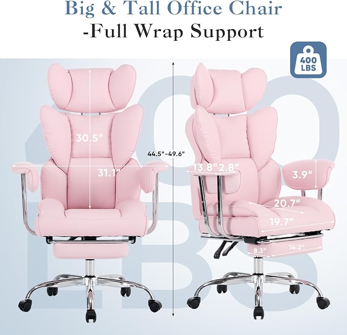 DUMOS Big and Tall Home Office Desk Chair, Executive Chair with Footrest | Scratch-Resistant PU Leather, Ergonomic Reclining, Pocket Spring Support, 400 LBS Weight Capacity, Pink