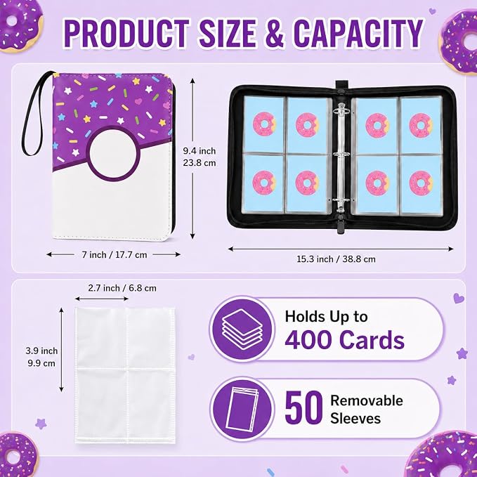 4 Pocket Card Binder 400 Card Holder Album, Purple Donut Trading Cards Holder Zipper Binder for Girl Teen Collection (Purple Donut, 400 Pocket)