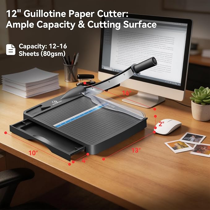 12 Inch Heavy Duty Guillotine Paper Cutter Trimmer, 12-16 Sheets Capacity