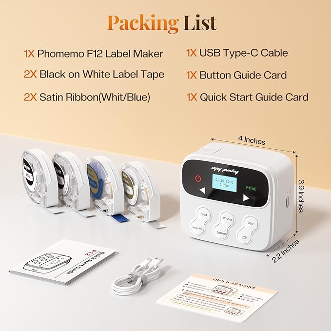 Phomemo Ribbon Label Printer, Kitchen Magnetic Label Maker Machine with 4 Tapes F12 Handheld Rechargeable Backlit-LCD Screen Labeler One-Click Print Date for Home Food School Gift Wrapping Fridge