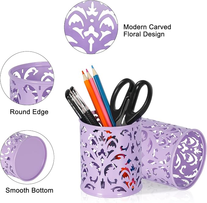 EasyPAG Purple Pen Holder for Desk, 2 Pack Round Pen Organizer, Brush Holder for Vanity, Metal Pencil Cup Organizer for Home, Office, Classroom, School