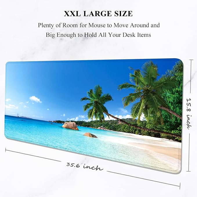 Auhoahsil Large Gaming Mouse Pad, Beach Theme XXL 35.4 x 15.7 in Desk Pad Stitched Non-Slip Rubber Long Computer Mousepad Thin Extended Full Size Desk Mat for Desktop, Laptop, Wireless Mice, Blue