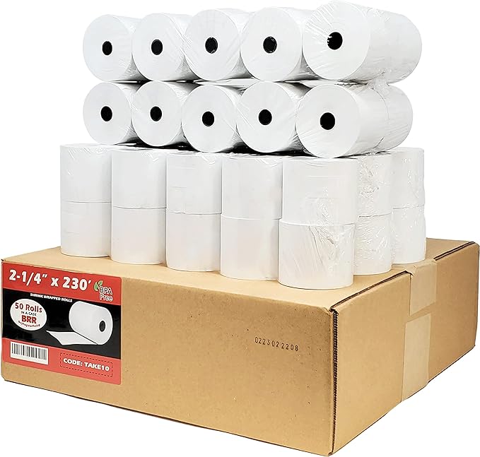 (48 Gsm Paper Thickness) 2 1/4 x 230ft 1-Ply Thermal Paper [50 Rolls] BPA Free Cash Register Tape Sharp 01PU, 01PU, ER-A520, ER-A530, UP-700, XE-A201, XE-A202, XE-A302 CBM262, CBM270