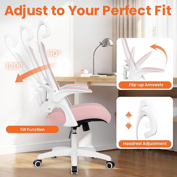 NEO CHAIR Office Desk Chair with Ergonomic High Back Mesh Headrest, Pink | Adjustable Headrest and Lumbar Support with Flip-Up Armrests Designed for Extended Sitting Comfort While Saving Space