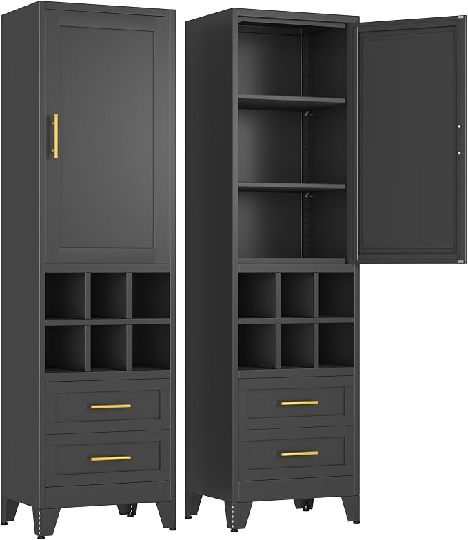 Metal Tall Narrow Storage Cabinet, Freestanding Floor Cabinet with Drawers and Adjustable Shelves, Pantry Storage Cabinet for Bathroom, Living Room, Entryway and Kitchen