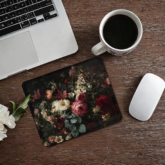 Vintage Gothic Floral Square Mouse Pad, Dark Academia Romantic Pink Rose Flower Mousepad Mat for Home Office Computer Gaming Desk Accessories 9.5x7.9 in