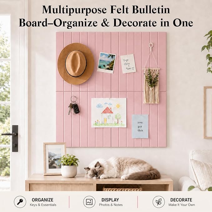 48" x 36" Large Felt Bulletin Board, Bold-Stripe 12-Pack Cork Boards | Fabric Bulletin Board with 60 Adhesive Tabs, 50 Pushpins, Felt Wall Tiles for Office Push Pin Board Felt Board, Coral Pink | Fabric Bulletin Board with 60 Adhesive Tabs, 50 Pushpins...
