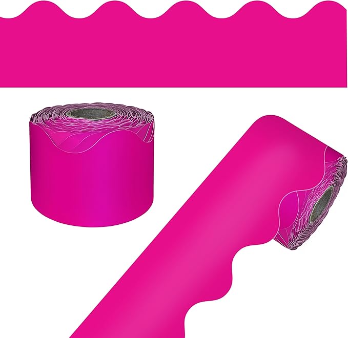 Carson Dellosa Education 65Ft of Hot Pink Bulletin Board Borders, 1 Roll of Scalloped Trim for Rolling Whiteboard, Cork and Posterboard, Valentines Day Decorations, Party, and Classroom Decor