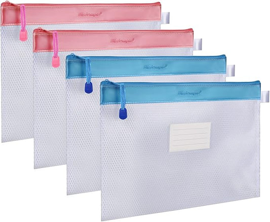 Wisdompro Zipper Pouch, 4 Packs Durable Letter Size Waterproof Mesh File Bag, Document Organizer - Pink/Blue