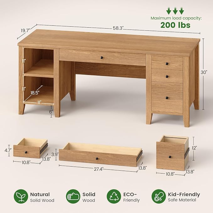 SEDETA Solid Pine Wood Computer Desk, 58'' Executive Home Office Desk with 4 Wood Drawers and Storage Shelves for Work Study Writing,Oak