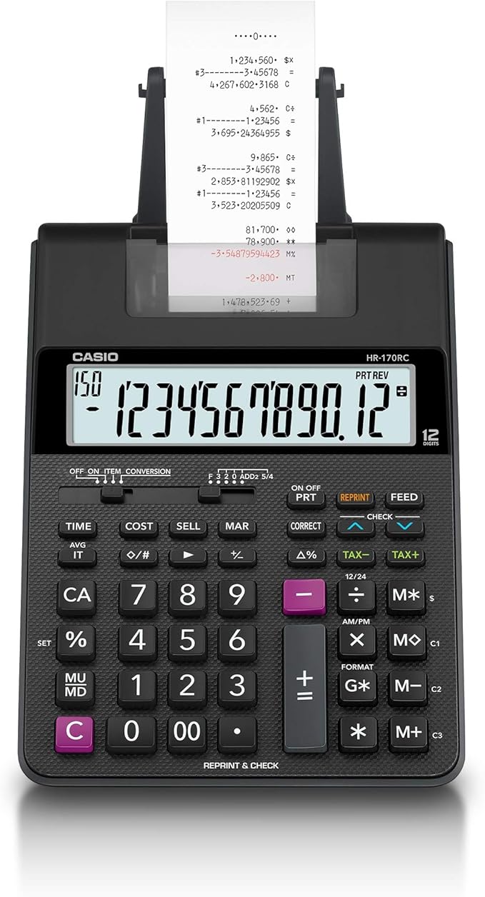 Casio HR-170RC Printing Calculator – 12-Digit Display | 2-Color Print, Reprint & Correction | Ideal for Bookkeeping, Accounting & Tax Work