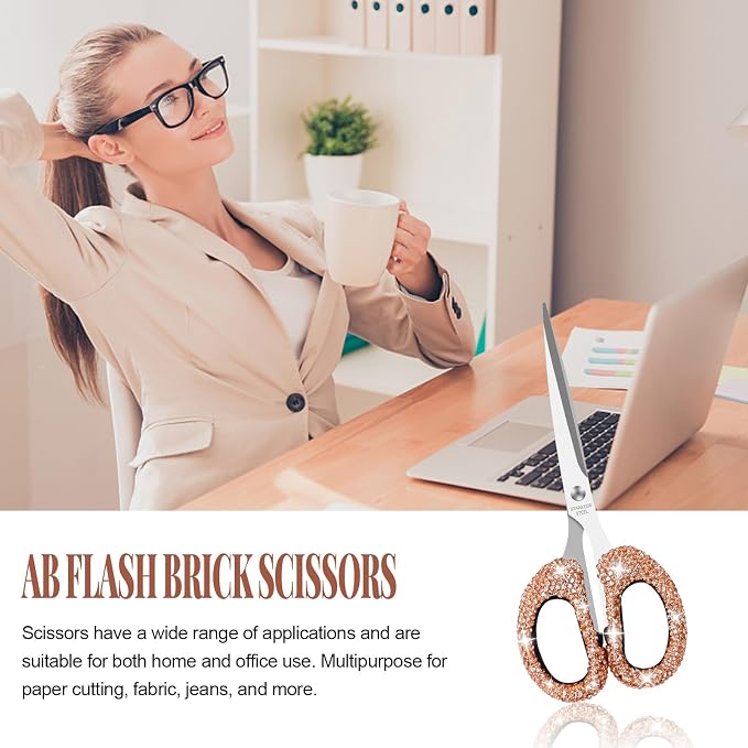 Koqye 6.3-Inch Rhinestone Scissors - Stainless Steel Cute Scissors for Office, Home & Crafting, Decorative Bling Handle Paper Cutting Tool (Champagne)