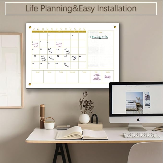 Glass 3-1 Golden Monthly Dry Erase Calendar Whiteboard for Wall,20"x 30",Frameless Mounting,Office/School/Home, Frameless Large Planner White Board