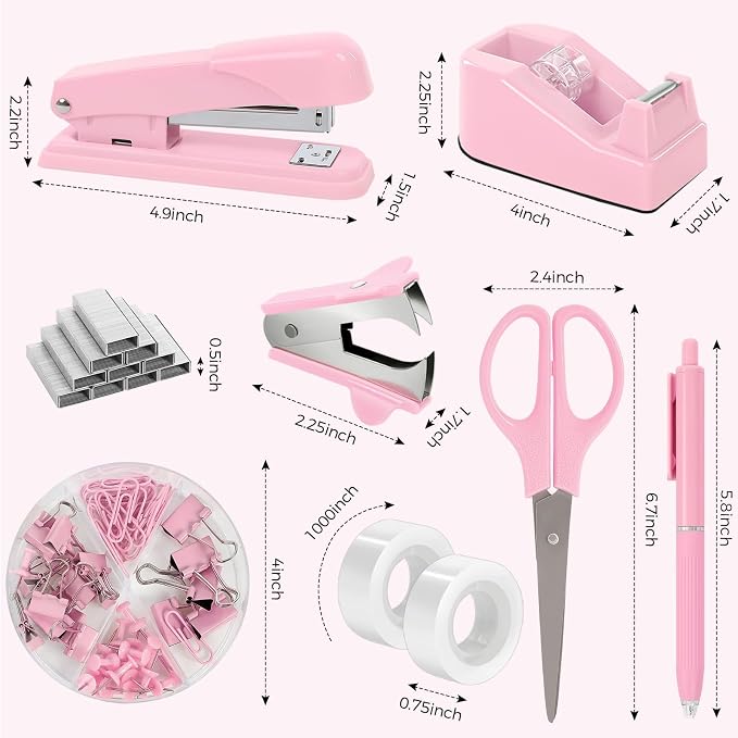 SKYDUE Pink Stapler and Tape Dispenser Set, Pink Office Desk Accessories | Pink Office Supplies, Stapler, Tape Dispenser, Scissors, Clips and 1000pcs Staples,Office Supplies for Desk for Women