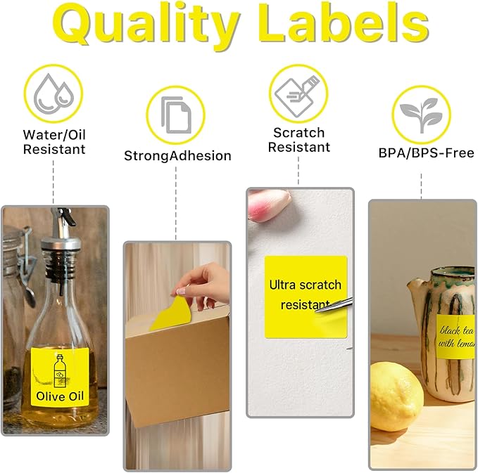 Square Thermal Label Stickers, 2"x2" (50.8mm x 50.8mm) Compatible with Multiple Thermal Printers Self-Adhesive Square Direct Strong Adhesive Thermal Labels, Yellow, 500 Sheets/Roll